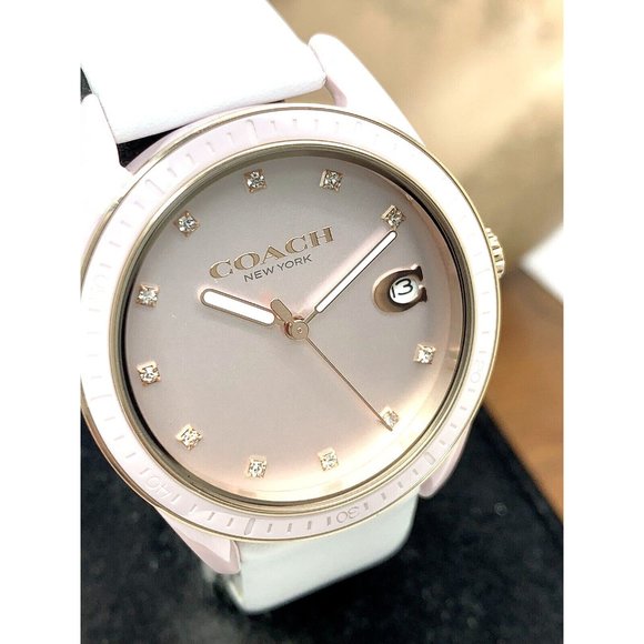 Coach Women's Watch 14503264 Pink Ceramic Case Quartz 36mm White Leather… - Picture 1 of 13